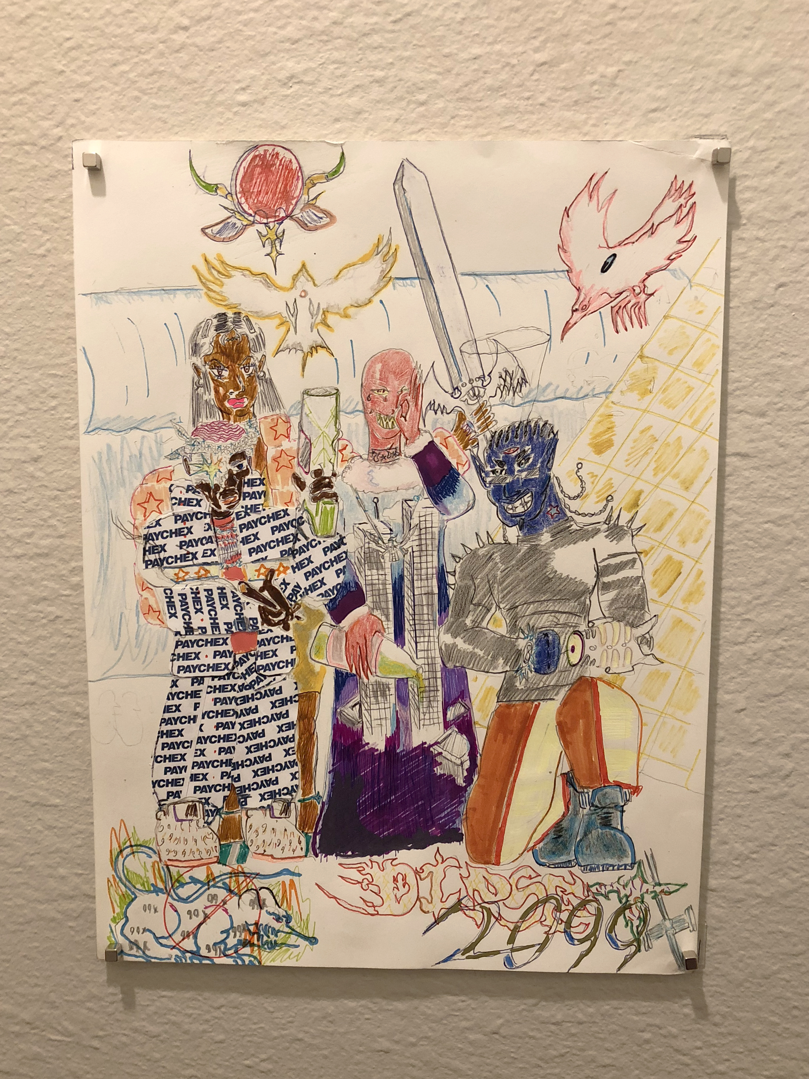 Colorful comic book style drawing with multiple figures on white paper hung on a white wall